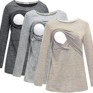 Bearsland 3 Pack Long Sleeve Breastfeeding Shirts - Size Medium